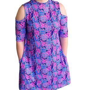 Simply Southern Pink Blue Purple Tropical Print Cold Shoulder Dress Size M